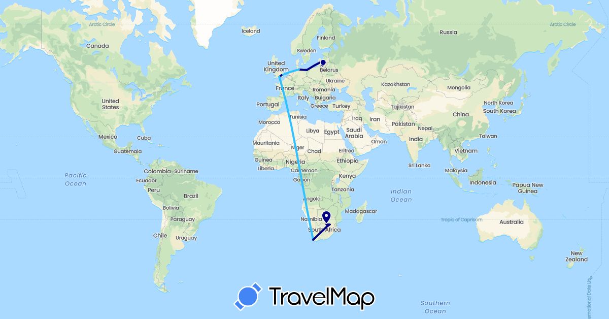 TravelMap itinerary: driving, boat in Germany, United Kingdom, Lithuania, Latvia, Poland, South Africa (Africa, Europe)